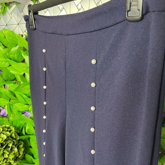 SHEIN Modely Pearls Beaded Split Hem Navy Flare Leg Pants Women’s Large 8/10 - Picture 4 of 14